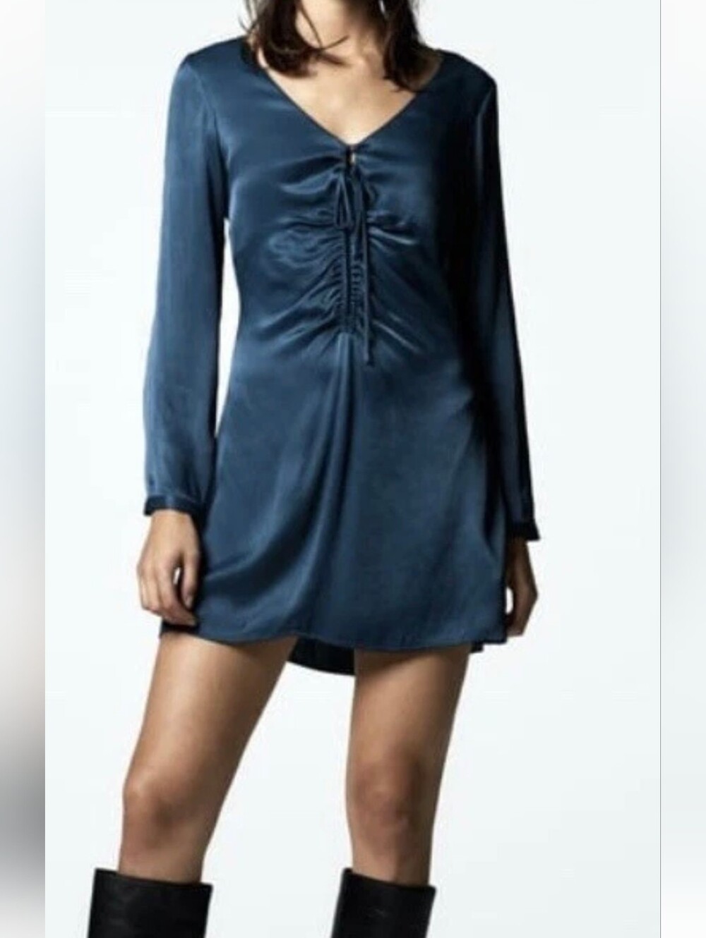 NWT ZARA Satin Effect Cut Out Ruched Mini Dress Teal Duck Green Size M